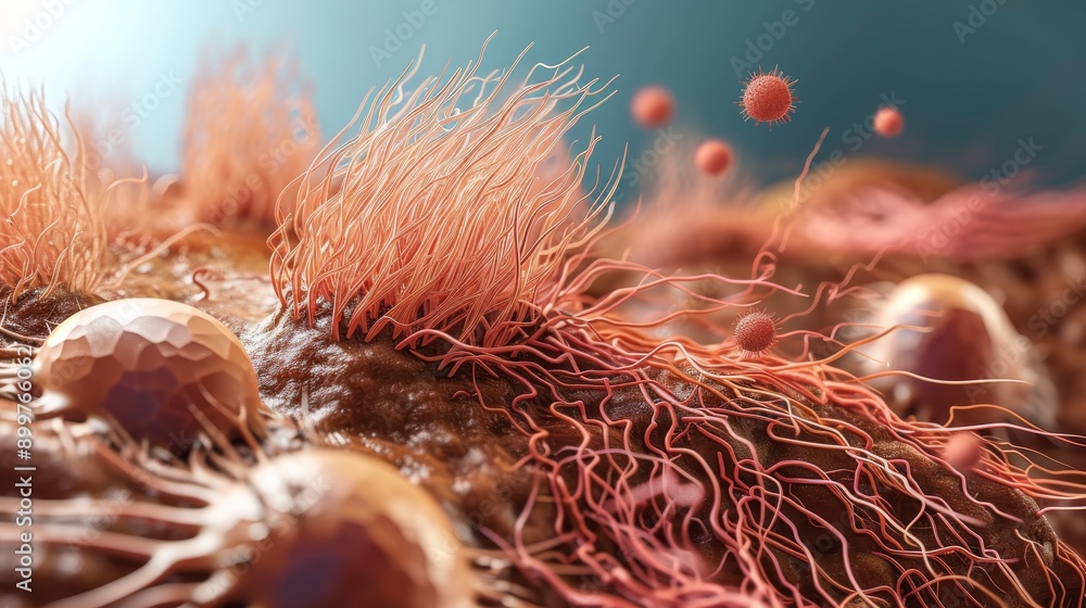 Poster a highly detailed 3d rendering showcasing human cells interacting with pathogens. the image highligh