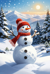 Snowy Scene with Snowman and Trees