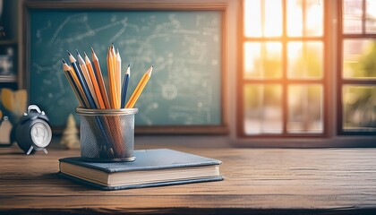 Pencils in a jar on a book on a wooden desk with a chalkboard and window in the background.
