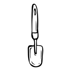 Garden tool scoop hand drawn in doodle style. Hobby gardening. Mini shovel. Vector line art illustration.