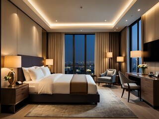 A luxurious hotel bedroom with elegant furniture and a comfortable bed, soft lighting, modern design, cozy atmosphere