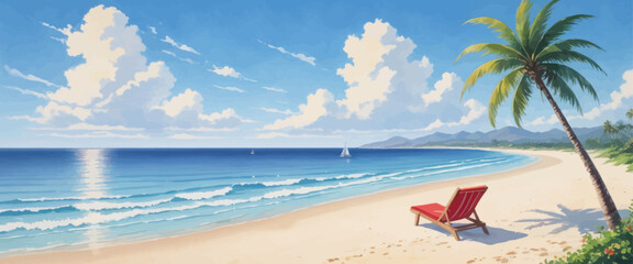 Naklejka premium Serene Beach Scene with Palm Tree and Ocean View