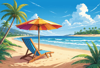 Serene Beach Scene with Umbrella and Lounge Chair