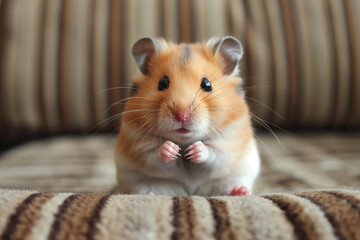 Cute hamster with whiskers, furry paws, and adorable eyes sitting on striped fabric