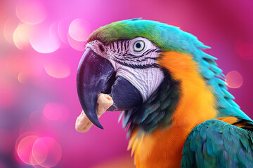 Obraz premium Beautiful colorful parrot macaw with vibrant feathers and beak closeup in tropical wildlife