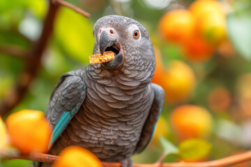 Obraz premium Closeup of a colorful parrot perched on a branch with orange fruits in a tropical wildlife setting