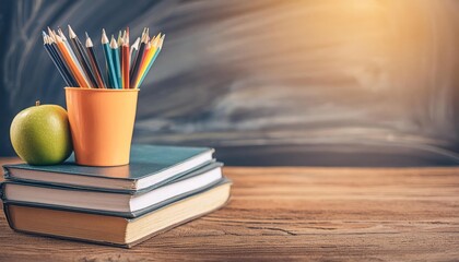 A stack of books a green apple and a cup of colored pencils sit on a wooden desk in front of a chalkboard.