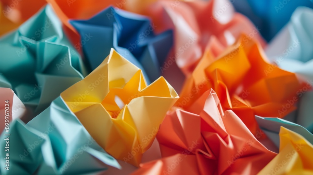 Aufkleber close-up of a vibrant and colorful arrangement of abstract origami paper art. the crumpled paper for