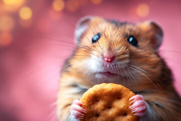 Adorable hamster holding a cookie with whiskers illuminated against a bokeh background