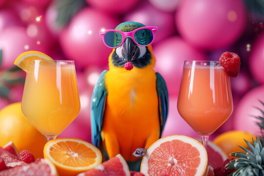 Colorful tropical parrot enjoying summer with refreshing exotic cocktails in a vibrant setting