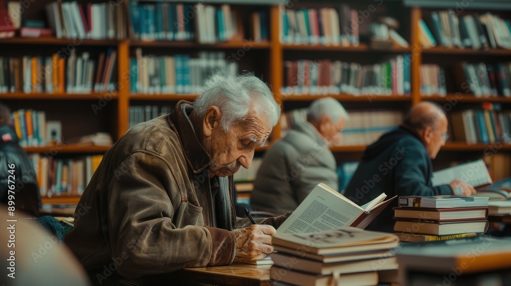 Leinwandbilder elderly students study foreign languages with textbooks and dictionaries, focusing intently in a qui