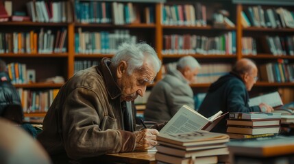 Elderly students study foreign languages with textbooks and dictionaries, focusing intently in a quiet library filled with shelves of books. Generative AI