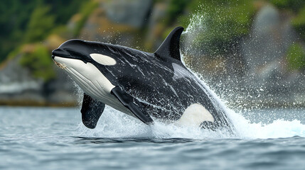 Obraz premium Orca whale jumping out of the ocean with a big splash, showcasing wildlife in its black and white glory