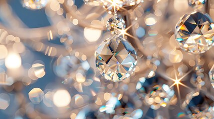 Fototapeta premium Detail of crystal ornaments on antique chandelier. Warm white color balance. Vertical photo. AI generated illustration