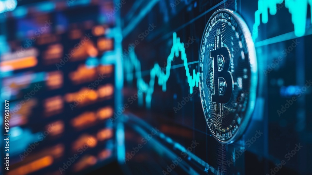 Poster a close-up of a bitcoin coin against a backdrop of financial data and charts highlights the intersec