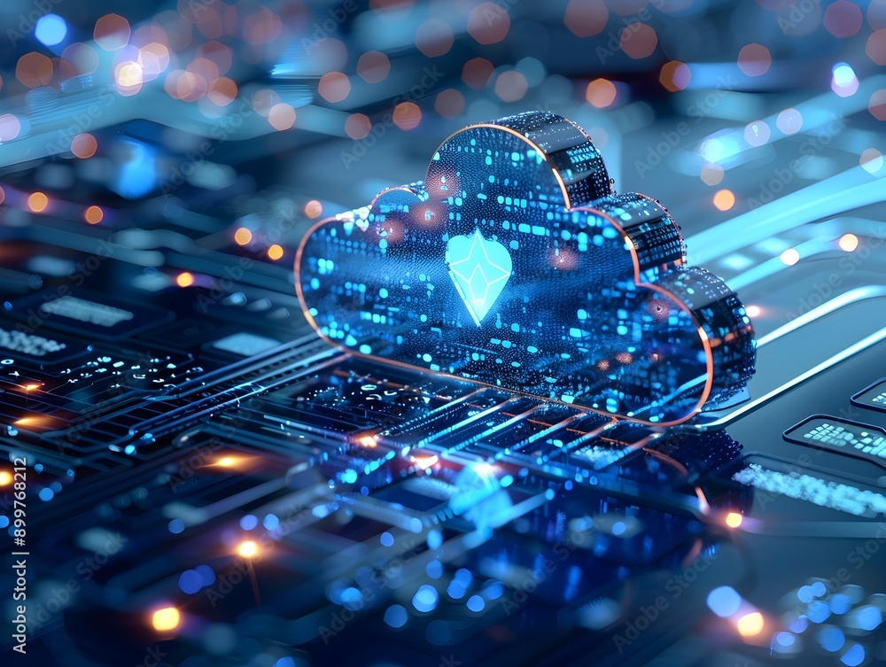 Poster secure cloud computing digital cybersecurity shield hovering over data network