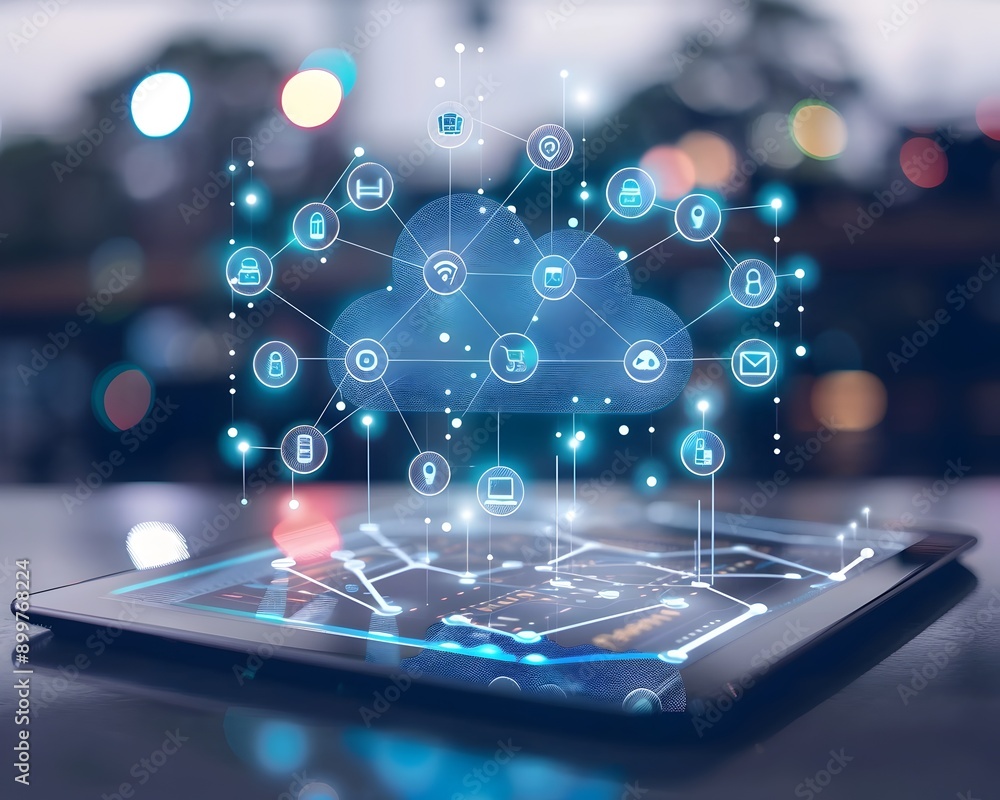 Poster digital tablet with cloud computing icon and connected iot devices representing smart technology