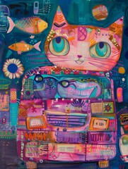 Joyful Children's Illustration: A Cute Cat Riding a Colorful Car, Smiling Amidst a Cartoonish Landscape Filled with Fish in the Background, Graphic Resources, picture books, Wallpapers,