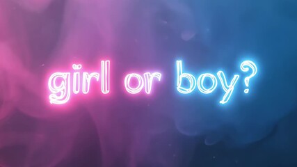 Neon text "girl or boy?" in pink and blue with a smoky background.
Concept: Ideal for gender reveal parties, baby shower invitations, and related celebrations