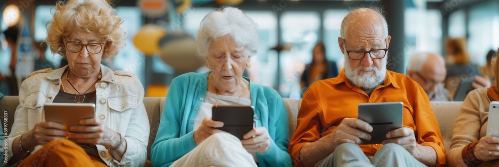 Aufkleber A group of elderly individuals is focused on their devices, actively reading or browsing in a lively community setting. Generative AI