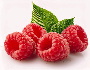 Ripe juicy raspberries with leaves isolated on a white background