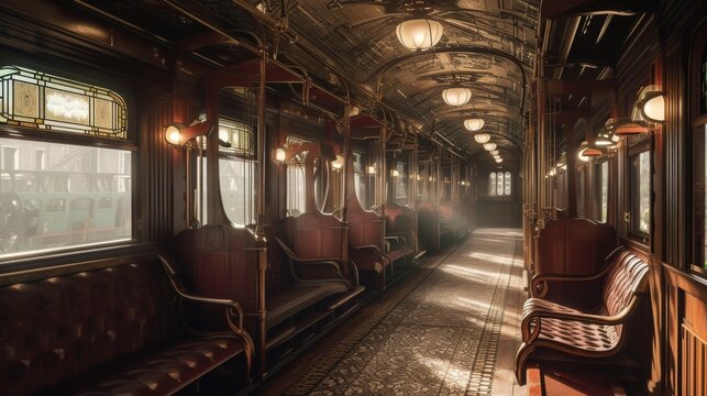 An elegant vintage train carriage features polished wooden seats, intricate metalwork, and soft lighting. The nostalgic ambiance invites travelers to imagine a journey back in time, experiencing the
