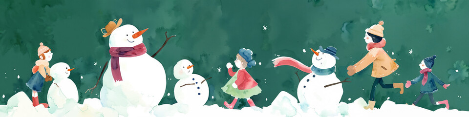 children's book watercolor illustration in Emerald green, minimalistic background with Snowman Building scene, children in warm coats, christmas and happy new year greeting card, poster, banner
