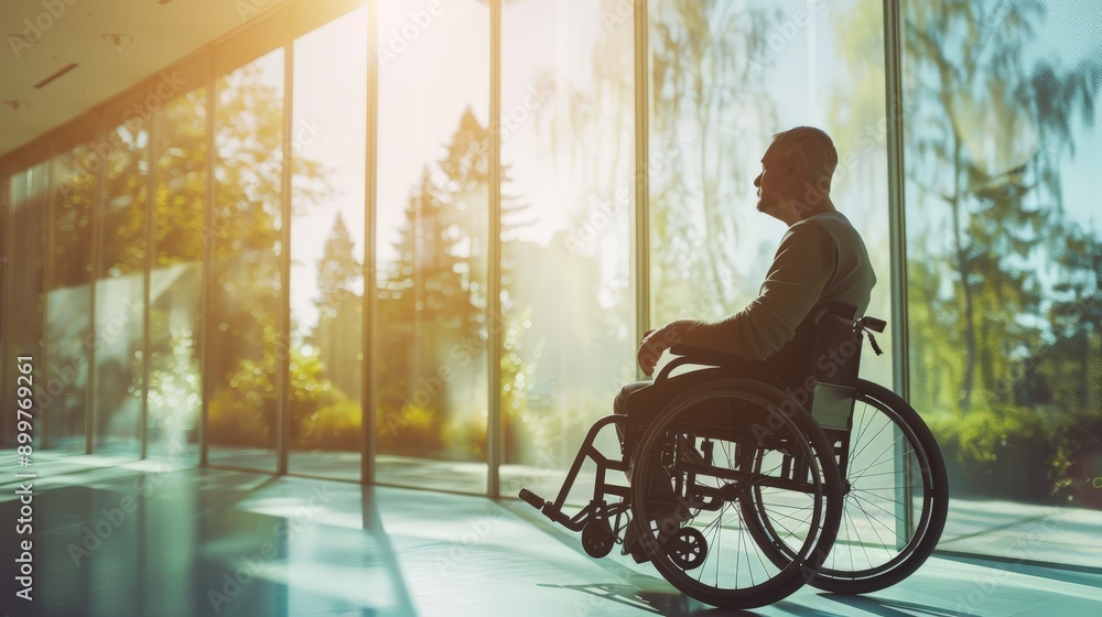 Poster older man in wheelchair in a sunlit office building with greenery outside. emphasizing accessibility