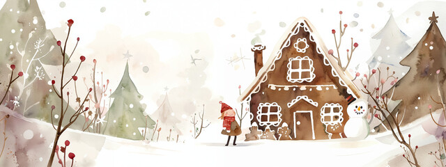 A charming gingerbread house in a snowy landscape, warm orange and brown decorated walls, isolated background, merry christmas and happy new year watercolor illustration, greeting postcard, poster