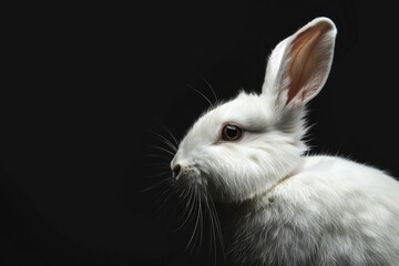 Obraz premium White Rabbit with Brown Eye and Pink Ear Against Black Background