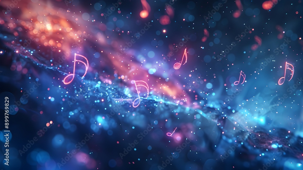 Poster cosmic music notes floating in a luminous celestial backdrop
