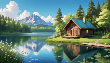 Fototapeta premium Peaceful Lakefront Cabin with Mountain Views