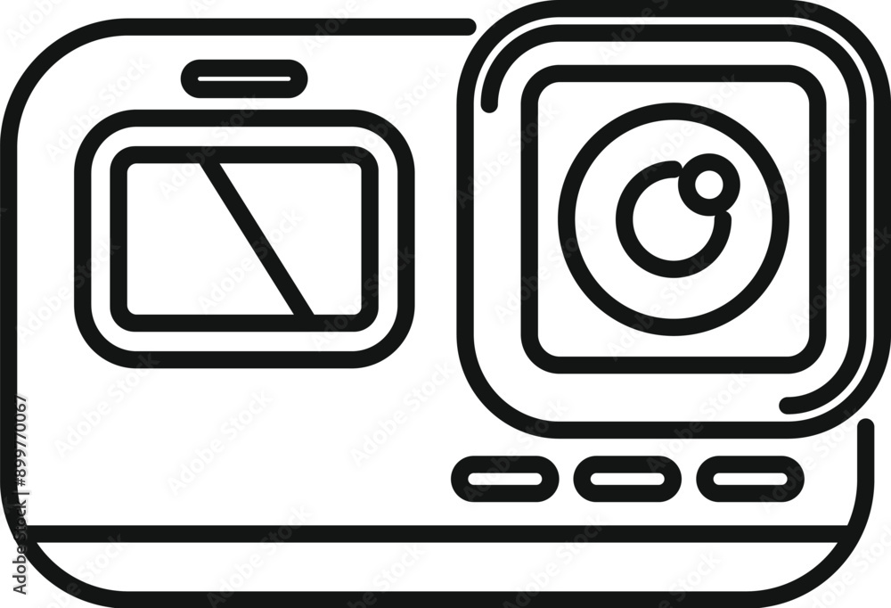 Poster action camera showing lens and small display screen for recording videos
