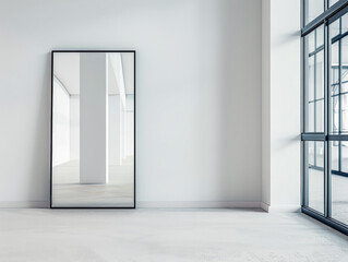Property interiors decor composition with a mirror next to a large window on a minimalist living room. Residential Real Estate conceptual image.