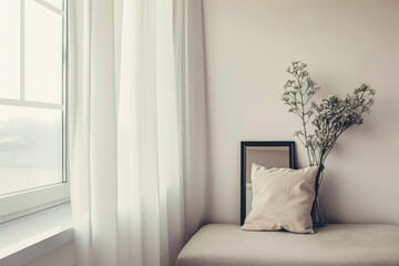 Property interiors decor composition with a mirror next to a large window on a minimalist living room. Residential Real Estate conceptual image.