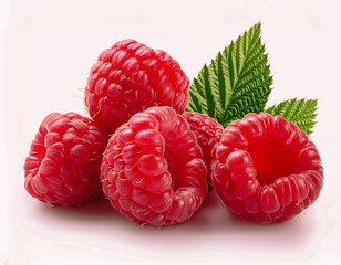 Ripe juicy raspberries with leaves isolated on a white background