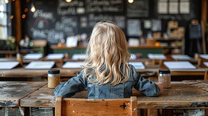 A young blonde girl sits at a desk in a classroom