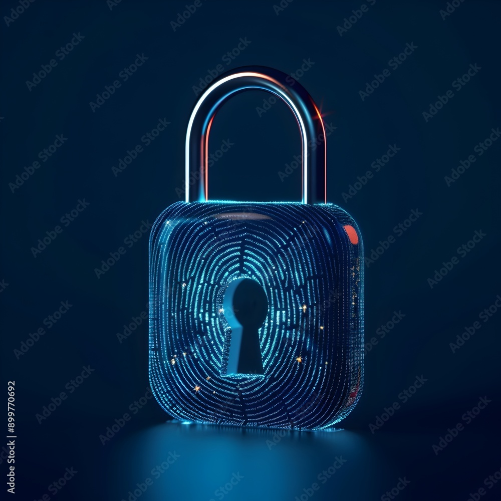 Poster padlock icon with fingerprint scanner representing biometric security on sleek modern background