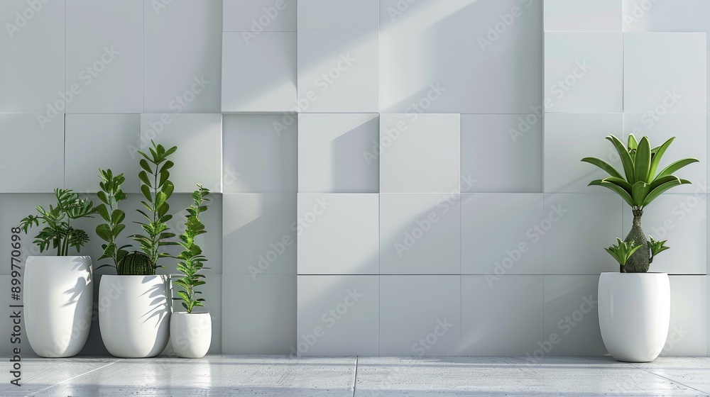 Wall mural Minimalist desktop or kitchen background with white pots green plants and gray squares