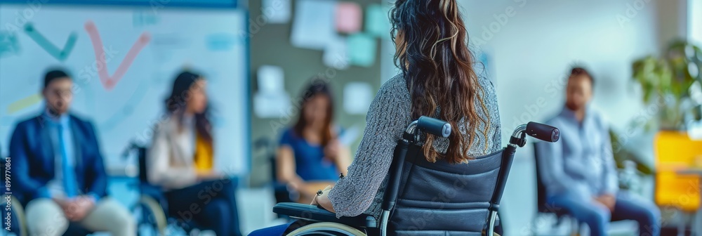 Aufkleber Back view of a woman in a wheelchair attending a business meeting with charts in the background. Emphasizing workplace inclusion and accessibility.