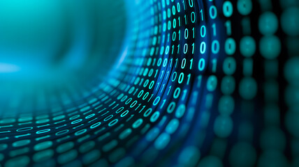 Fototapeta premium A dynamic depiction of blue binary code 1 and 0 forming a tunnel-like structure, representing data flow, digital communication, and technology in a virtual environment.