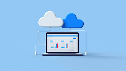 A laptop connected to two cloud icons, representing data synchronization and cloud computing. The laptop screen displays a data dashboard, indicating real-time data analysis and storage.
