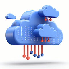 3D illustration of cloud computing and data transfer with blue clouds, binary code, and red connections on a white background.