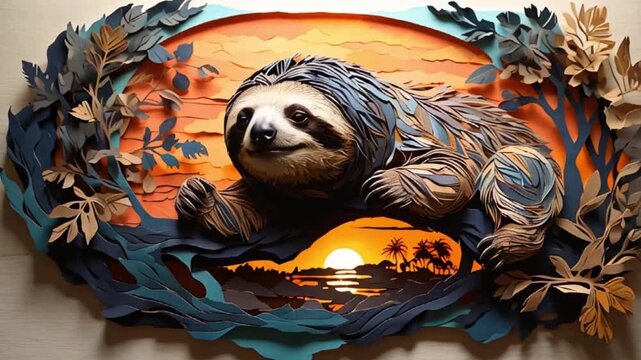 眠るナマケモノの楽しい切り絵ペーパーアート映像