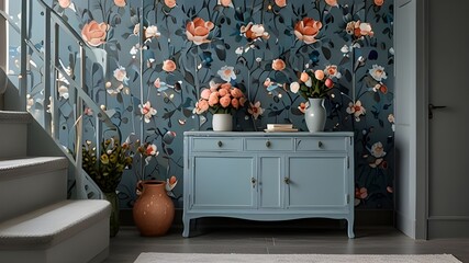 A light blue three door cabinet standing under gray staircase against a wall with flower wallpaper in a hall interior. Real photo.