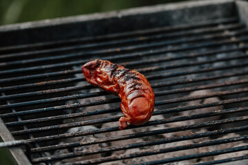 Close up of a grilled sausage burning on the hot grill 