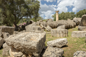 Olympia archaeological site with ancient ruins and columns, Greece