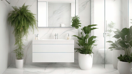 Modern minimalist bathroom interior, bathroom cabinet, white sink, vanity, indoor plants, bathroom accessories, bathtub and shower,