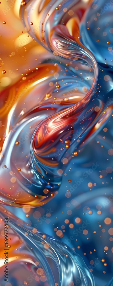 Poster abstract fluid art with vibrant orange and blue swirls and bubbles, creating a dynamic and mesmerizi
