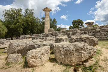 Olympia archaeological site with ancient ruins and columns, Greece